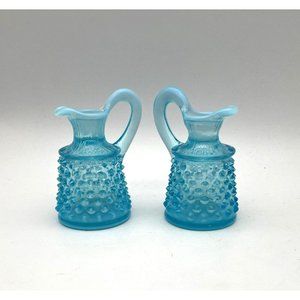 Vtg. Fenton Blue White Opalescemt Hobnail Cruet Set - Oil & Vinegar Bottles No s